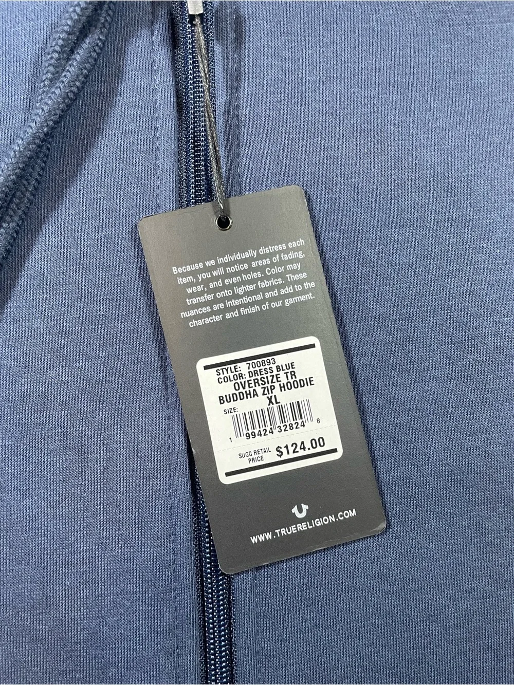 True Religion Men's Navy Zip-Up Hoodie with Red Logo and White Graphic